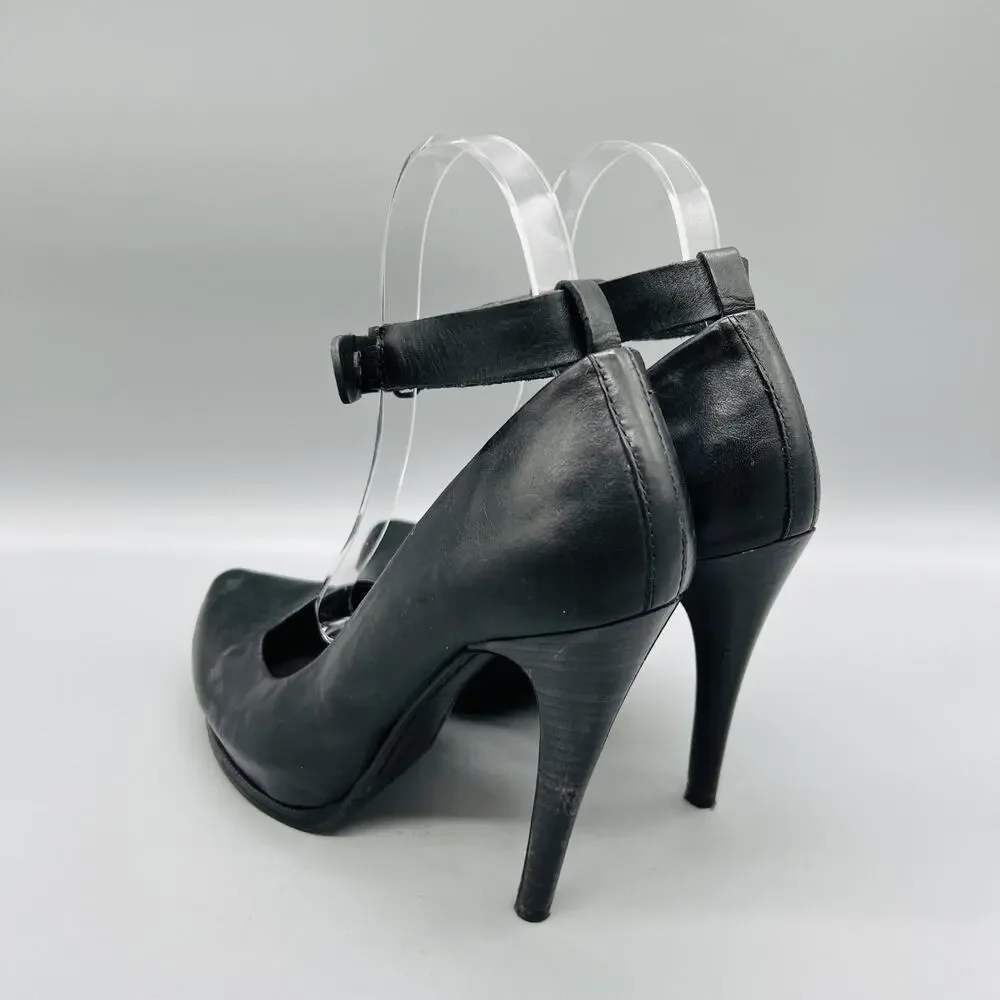 AllSaints Shoes Womens 7 Black Leather Ankle Strap Round Toe Stiletto Pumps